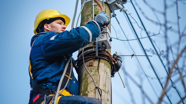 Photo Électricien réparant un poteau à haute tension avec des fils à haute tension