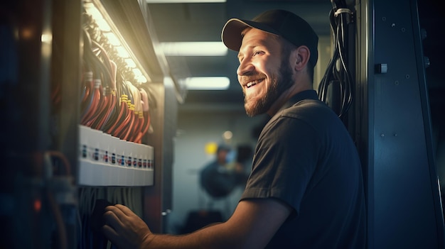 Photo l'électricien souriant, beau et habile résout les problèmes du panneau d'interruption.