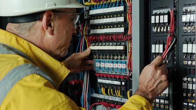 Photo Électricien travaillant sur une plaque de fusible industrielle