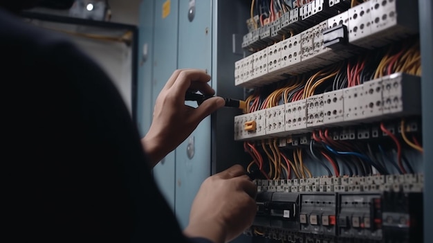 Un électricien travaille avec un câble électrique Generative AI