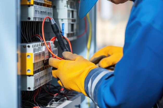 Un électricien travaille dans un central électrique avec un câble de connexion électrique.