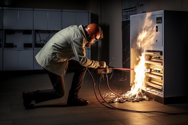 Un électricien utilise un extincteur pour lutter contre un incendie électrique