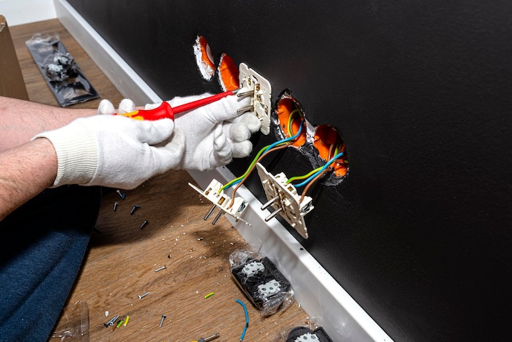 Photo un électricien utilise un tournevis rouge pour visser une prise électrique à double mise à la terre dans une rangée