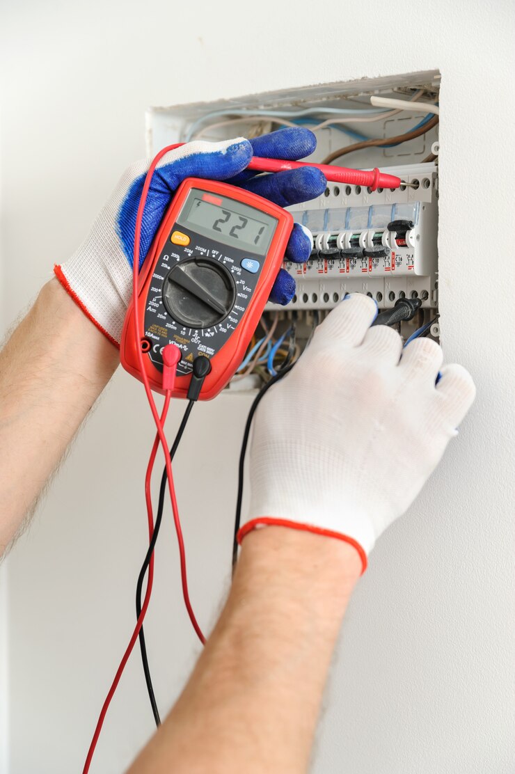 Électricien vérifier la tension dans la boîte à fusibles électrique.