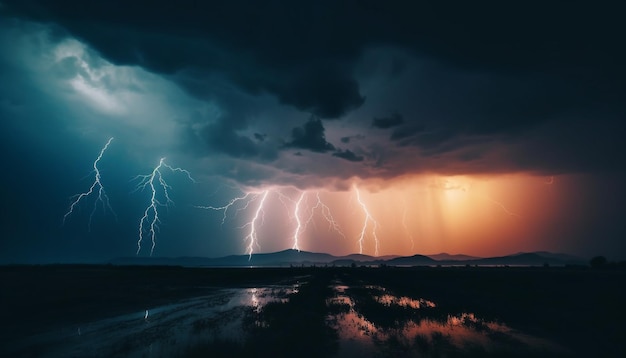 L'électricité crépite dans le ciel nocturne orageux généré par l'IA