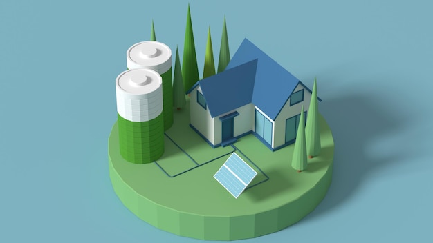 Photo l'électricité à partir de batteries au lithium l'écologie est un concept d'économie d'énergie consistant à obtenir de l'énergie gratuite du soleil rendu 3d de ville intelligente écologique