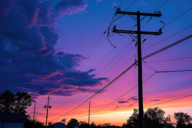 L'électricité traverse des lignes électriques sur un poteau électrique au crépuscule