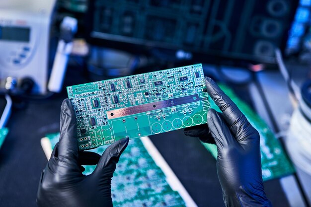 L'électronique d'ouvrier d'usine d'ingénieur travaille avec un panneau de puces Production de micro-puces Technologie d'ordinateur nano et processus technologique de fabrication