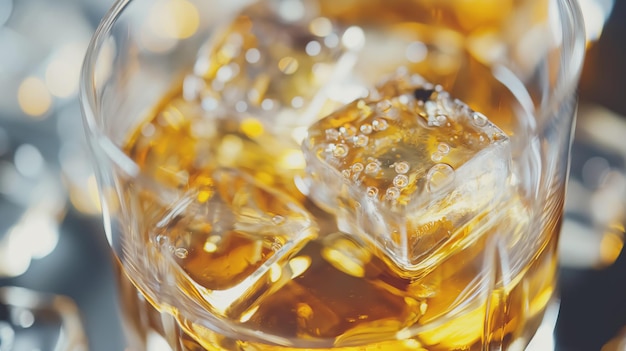 L'élégance ambre du whisky avec des cubes de glace capte la lumière dorée