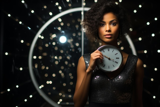 L'élégance attend la minuit femme avec horloge d'argent au milieu d'un décor étoilé