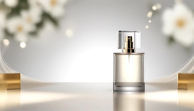 L'élégance capturée au centre d'une bouteille de parfum de luxe dans un décor minimaliste