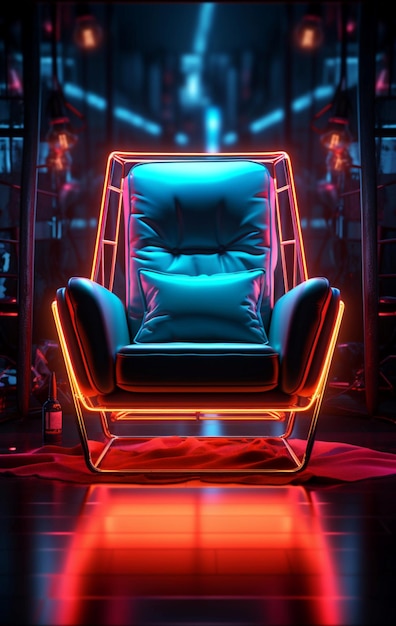 L'élégance en clair-obscur Une chaise dans une pièce sombre doucement baignée de néon Papier peint mobile vertical
