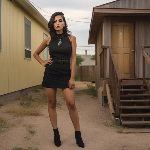 L'élégance dans la cour Une séance photo d'inspiration chicana avec une femme dans une courte robe noire