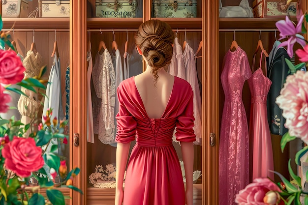 L'élégance dans la sélection femme contemplant des robes dans une garde-robe