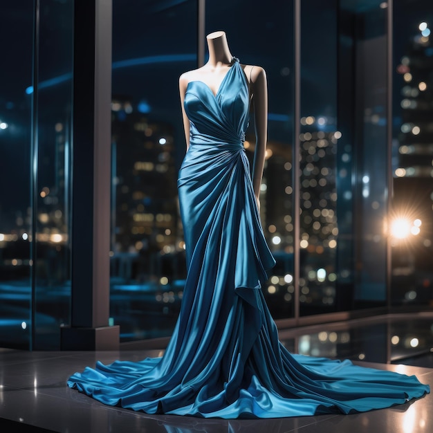 Elegance a dévoilé une exposition captivante d'une belle robe de soirée luxueuse ornant gracieusement un mannequin incarnant le style intemporel et l'opulence pour une affaire glamour et chic