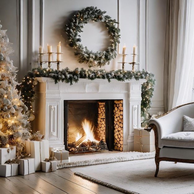 L'élégance du foyer Un intérieur de Noël décoré avec goût avec une cheminée