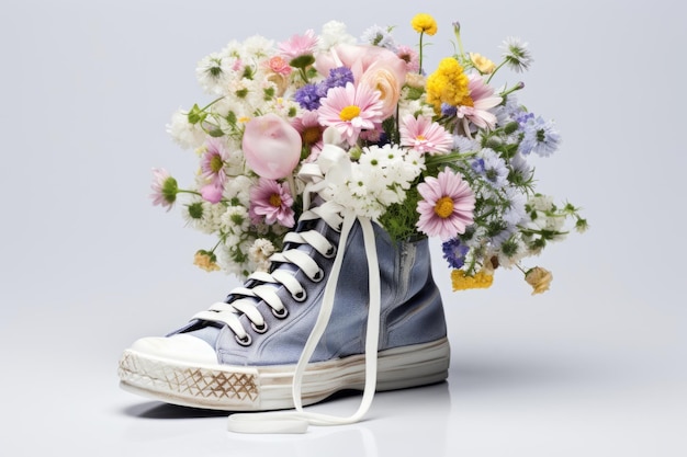 L'élégance fleurissante Un contraste chic d'un bouquet de fleurs en cruche et de baskets brillantes sur fond blanc