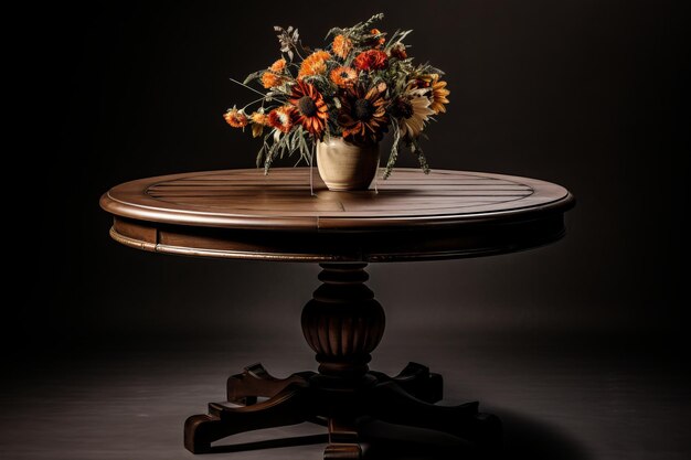 L'élégance florale Une table ronde brune avec des fleurs