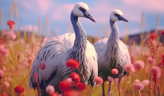 L'élégance gracieuse Deux grues dans une fine ligne de pinceau Art manuscrit