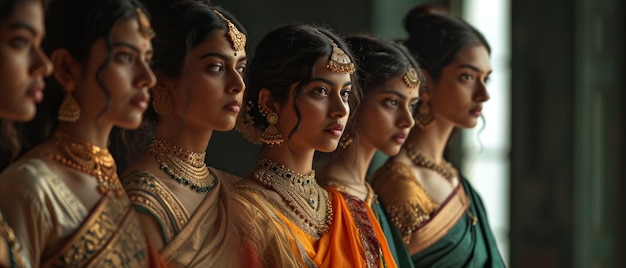 L'élégance gracieuse Une ligne de femmes en sari