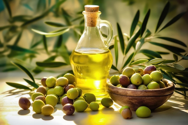 L'élégance de l'huile d'olive Olives mûres et huile dans une présentation exquise Generative AI