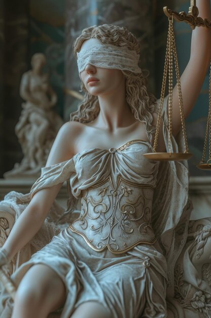 L'élégance juridique une représentation époustouflante de la justice avec une échelle Thémis incarnant l'essence de l'équité et de l'ordre symbolisant les systèmes judiciaires beauté et équilibre éthique