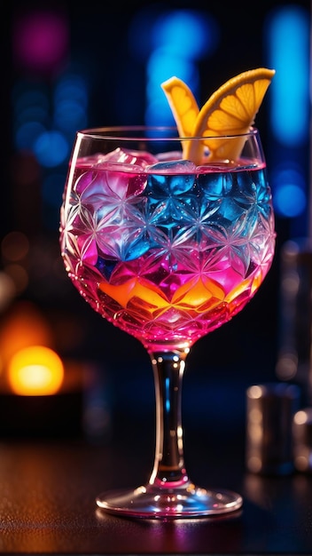 L'élégance lumineuse d'un cocktail resplendissant dans le verre orné