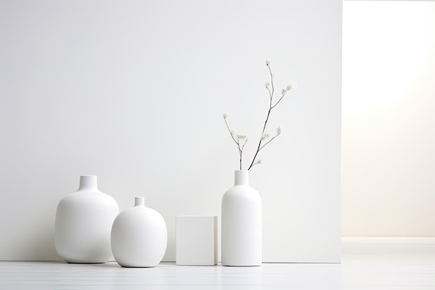 L'élégance minimaliste présente des produits dans un studio blanc tranquille