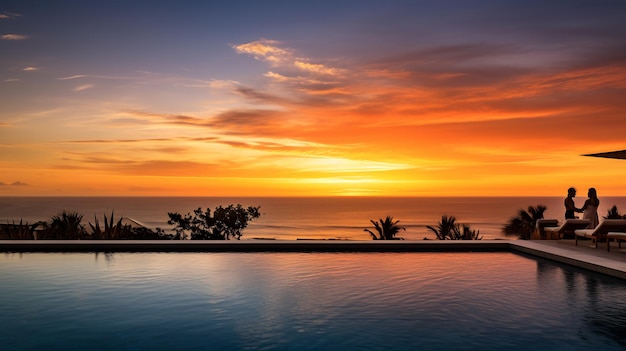 L'élégance rencontre la luxueuse piscine à débordement Horizon au coucher du soleil