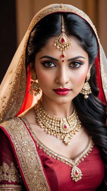 L'élégance rouge cerise Portrait enchanteur d'une mariée indienne dans un riche Lehenga rouge rayonnant beauté nuptiale intemporelle générative ai