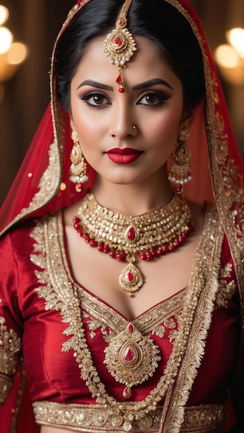 L'élégance rouge cerise Portrait enchanteur d'une mariée indienne dans un riche Lehenga rouge rayonnant beauté nuptiale intemporelle générative ai