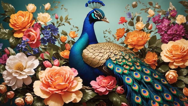 L'élégance royale crée l'image d'un majestueux paon au milieu de fleurs exotiques dans un style vintage