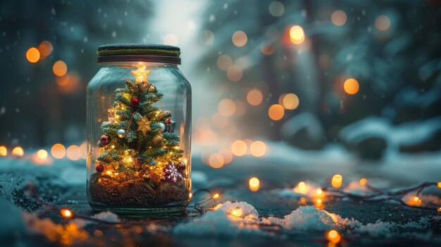 Un élégant arbre de Noël dans un pot en verre avec des lumières bokeh l'entourant avec un espace de copie pour votre copie de Noël et le concept de la nouvelle année