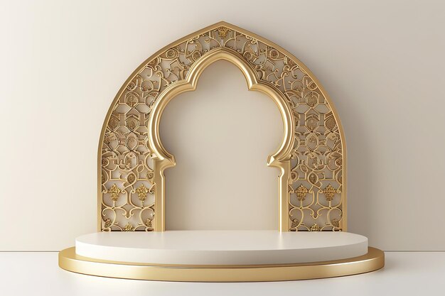 Un élégant arc doré avec des motifs intricats sur un podium pour l'exposition