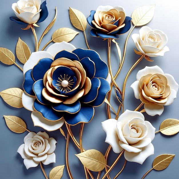 Un élégant arrangement floral en 3D avec des roses dorées et bleues