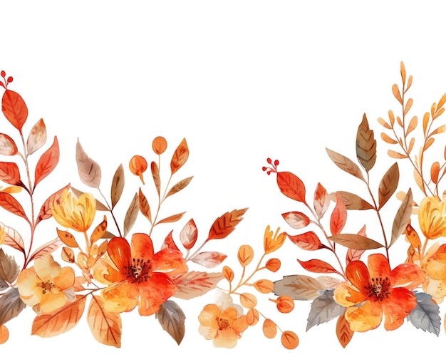Elegant bord floral à l'aquarelle avec des teintes orange et brune sur un fond blanc Parfait pour les invitations ou à des fins décoratives