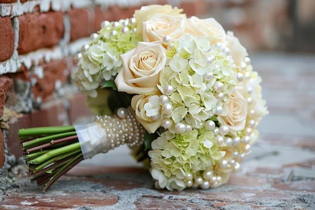 Elegant bouquet de mariées avec des roses crème et des hortensias vertes sur fond de brique
