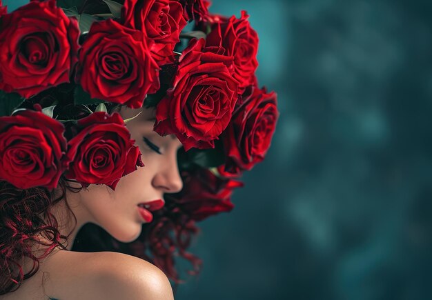 Un élégant bouquet de roses rouges avec une fille au premier plan transmettant l'essence de la romance
