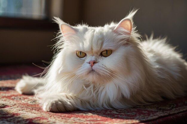 Un élégant chat persan blanc qui se détend à l'intérieur.