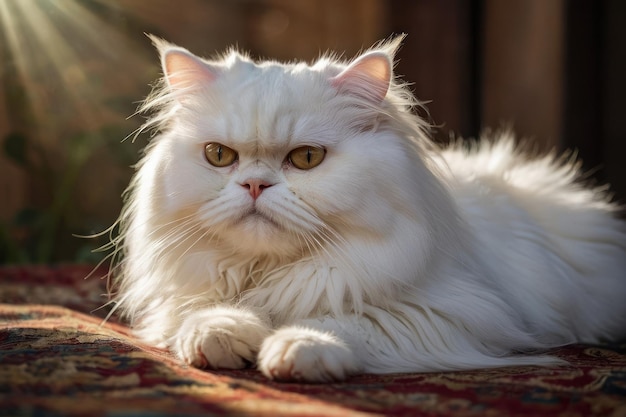 Un élégant chat persan blanc qui se détend à l'intérieur.