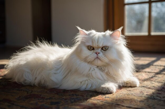 Un élégant chat persan blanc qui se détend à l'intérieur.