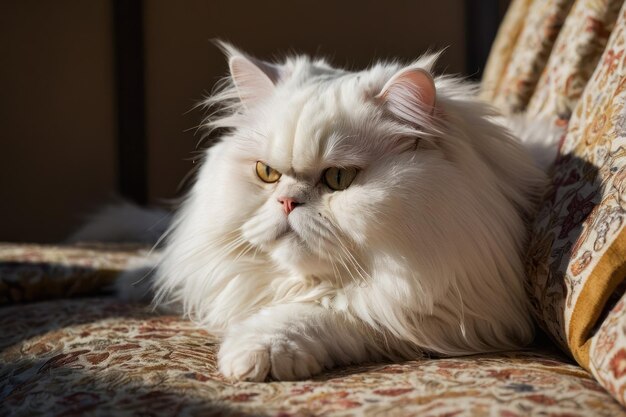 Un élégant chat persan blanc qui se détend à l'intérieur.