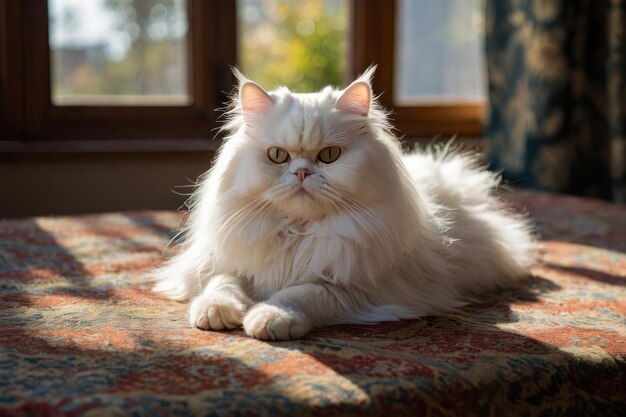 Un élégant chat persan blanc qui se détend à l'intérieur.