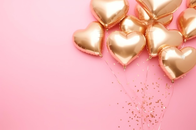 Elegant cœur ballons sur rose avec du papier d'or et des confettis