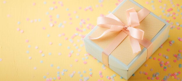 Elegant coffret cadeau en couleur pastel avec un ruban rose sur un fond jaune étincelant