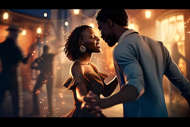 Photo Élégant couple afro-américain dansant dans une salle de bal avec des lumières floues