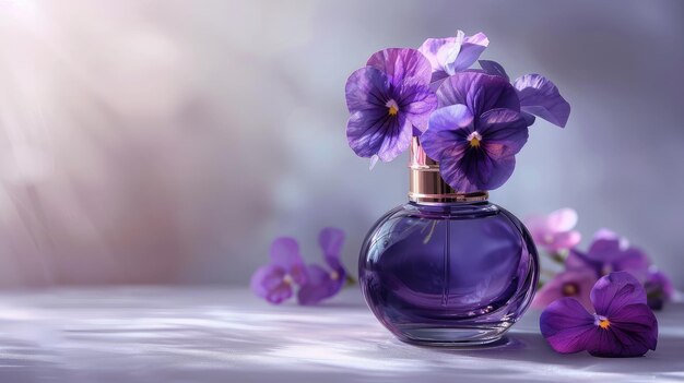 Photo elegant flacon de parfum pourpre avec des fleurs de viola