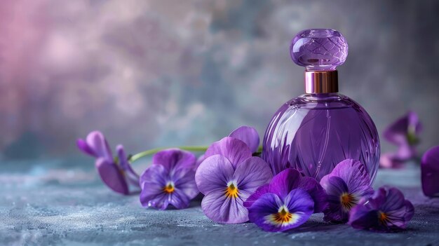 Elegant flacon de parfum pourpre avec des fleurs de viola