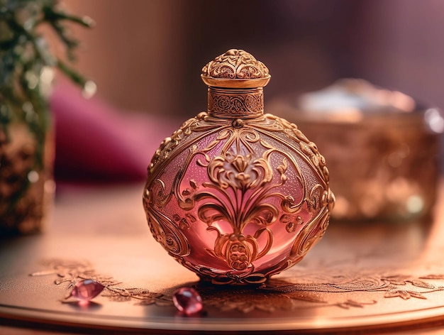 Elegant flacon de parfum rose en forme de sphère avec des accents dorés