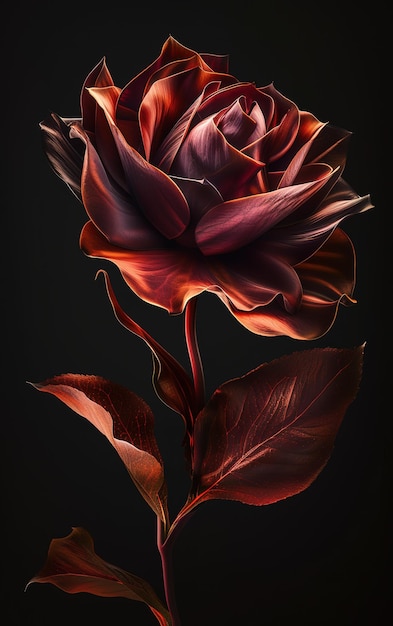 Elegant fleur de rose rouge foncé avec des pétales et des feuilles luxuriants isolés sur un fond noir